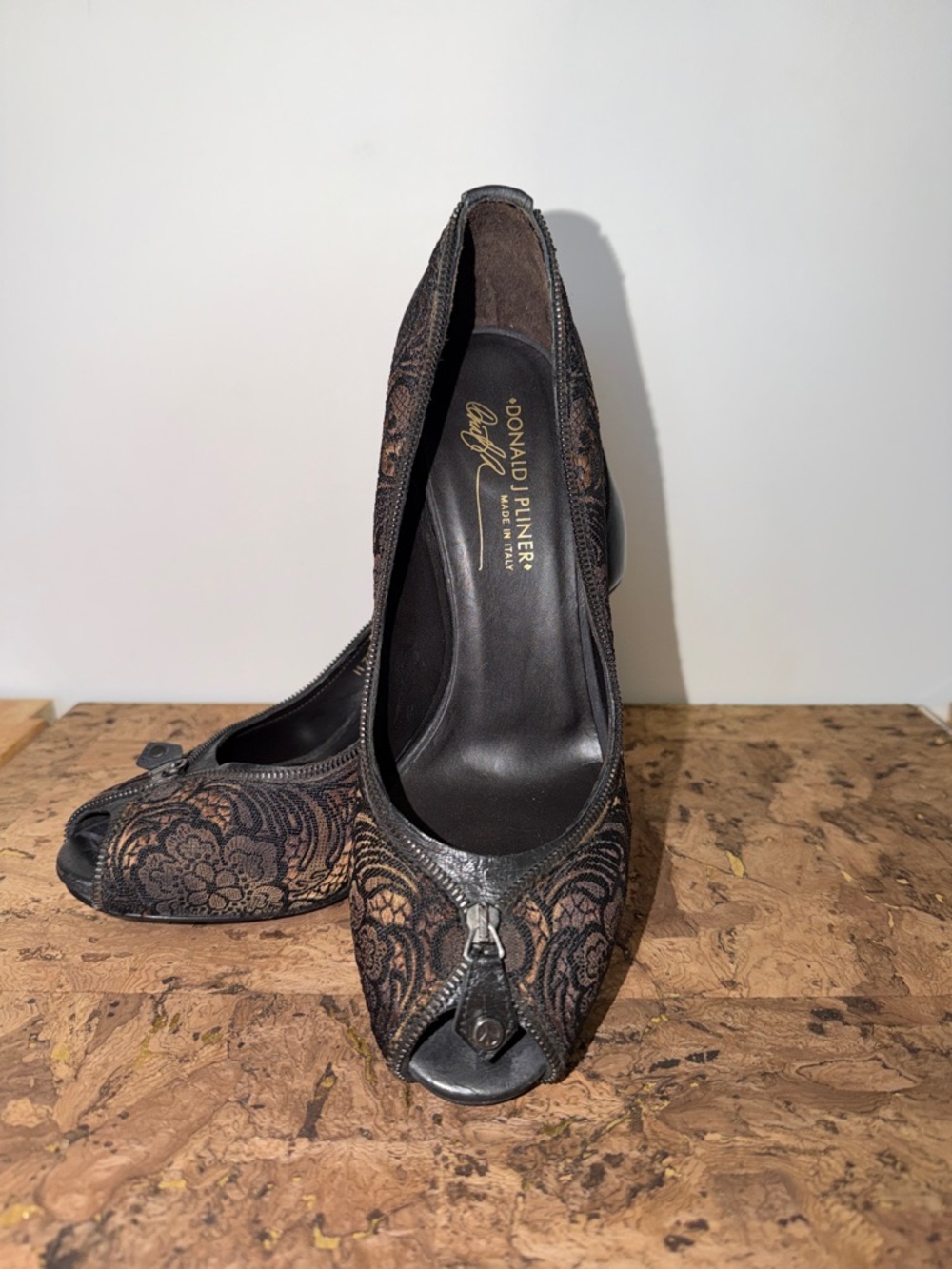 Donald Pliner Black Lace Peep-Toe Heels with Zip Accent 👠